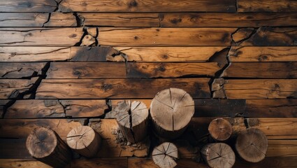 Wall Mural - Abstract close-up of cracked wooden floor with stumps, showcasing texture and patterns suitable for advertising and design backgrounds.