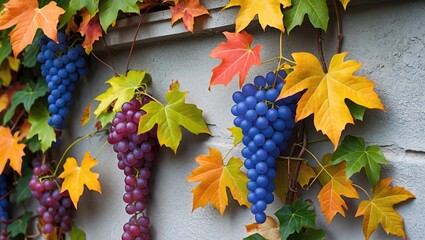 Aufkleber - Vibrant Autumn-Foliage Grape Ivy Cascade Decorates a Rustic Wall with Colorful Leaves and Grapes