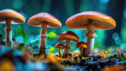 Poster - Vibrant close-up of mushrooms in a lush forest setting showcasing intricate details and colors of nature in Tripura, India.