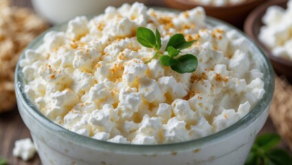 Poster - Freshly prepared creamy cottage cheese topped with herbs in a glass bowl, served on a rustic wooden table with additional ingredients nearby.