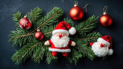 Aufkleber - Christmas decorations featuring toys and ornaments on a fir branch against a dark background creating a festive holiday atmosphere.