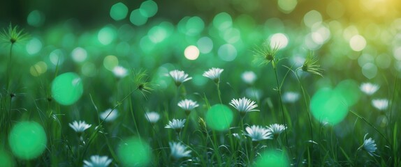 Poster - Green abstract bokeh effect of meadow flowers creating a serene nature background ideal for artistic or pastoral themes.