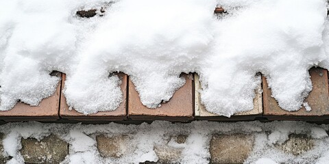 Aufkleber - Winter scene depicting piled white snow covering old tiled bricks, showcasing a textured contrast between warm earthy tones and soft white snow.