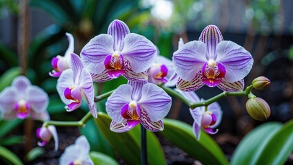 Aufkleber - Vibrant close-up of blooming orchid flowers showcasing intricate details and colors set against a lush garden background.