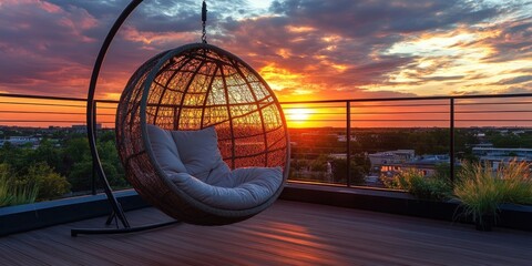 Poster - Cozy hanging chair on a modern balcony against a vibrant sunset sky with colorful clouds, surrounded by greenery and sleek railing design.
