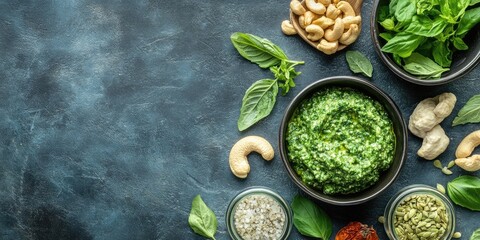 Poster - Vibrant green basil pesto in dark bowl surrounded by fresh basil leaves cashews seeds and spices on textured gray background
