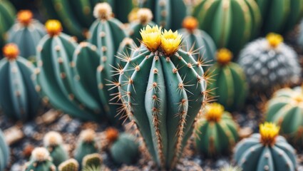 Canvas Print - Vibrant close up of flowering cactus surrounded by green succulents for a natural desert landscape background.