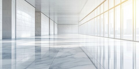 Aufkleber - Spacious interior of a modern building with empty glossy marble floor reflecting sunlight, large glass windows on the right side.