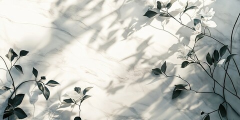 Leinwandbilder - Contemporary marble background with delicate floral silhouettes illuminated by sunlight featuring soft shadows in earthy tones arranged organically.