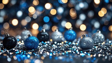 Poster - Elegant sparkling background featuring defocused blue, black, and silver Christmas ornaments amidst shimmering lights for festive themes.