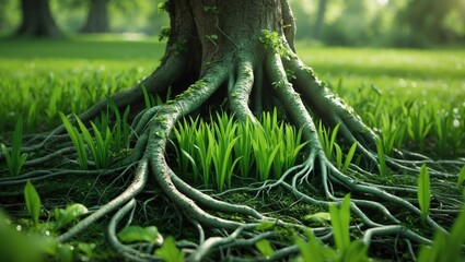 Poster - Roots of a tree intertwining with vibrant green grass creating a magical and serene natural landscape under dappled sunlight.