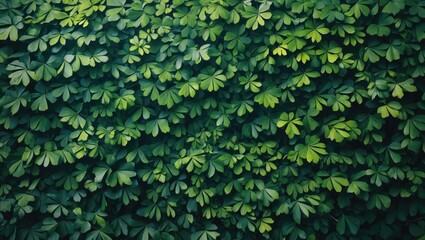 Poster - Lush green foliage background with various shades of leaves creating a serene forest ambiance for nature-themed designs and presentations.