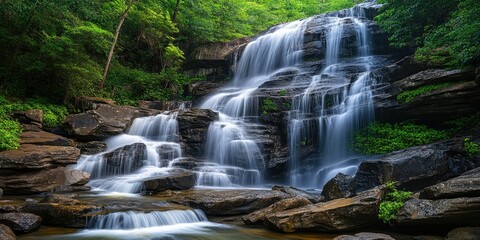 Poster - Serene waterfall cascading over rocky ledges in lush greenery with vibrant shades of green and earthy browns in tranquil nature setting