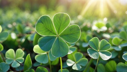 Poster - Vibrant clover leaves glowing in warm sunlight creating a serene spring atmosphere in a lush green field