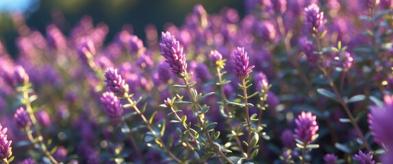 Aufkleber - Vibrant Close Up of Blooming Thyme Flowers in a Sunlit Garden Setting