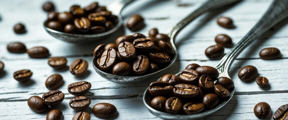 Poster - Coffee beans arranged in antique silver spoons on a rustic white wooden background creating a vintage coffee theme.