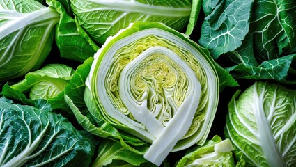 Aufkleber - Close-up of fresh sliced pointed cabbage surrounded by vibrant green leaves showcasing healthy food choices and natural produce.