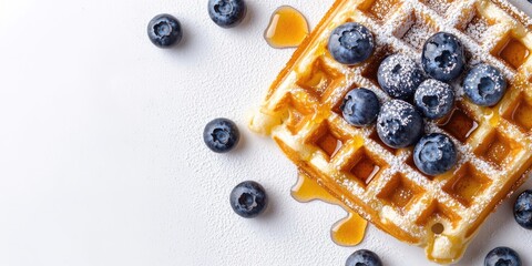 Poster - Belgian waffle drizzled with maple syrup topped with blueberries and powdered sugar on white background with ample copy space for marketing uses