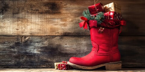 Poster - Red Christmas boot decorated with green foliage and golden gifts, positioned on the left against a rustic wooden wall, contrasting textures and colors.
