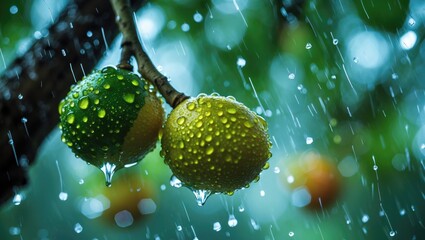 Aufkleber - Close up of water droplets on calamansi fruit with blurred background during rainfall showcasing nature's beauty and tranquility.