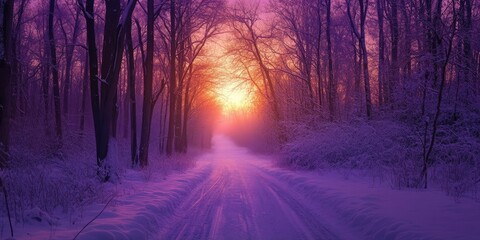 Poster - Majestic winter sunset with a purple hue illuminating a snowy forest pathway flanked by tall trees creating a serene and enchanting atmosphere