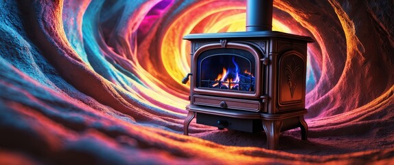 Aufkleber - Cozy vintage wood stove with flames set against a colorful abstract background creating a warm and inviting atmosphere for indoor settings.