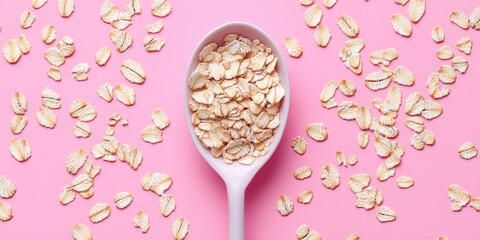Poster - Aesthetic composition of scattered oatmeal flakes on a pastel pink background with a white spoon holding a mound of oats showcasing healthy eating trends