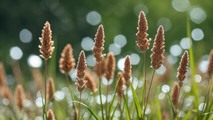Aufkleber - Close-up of brown grass flowers with white bokeh on a lush green background creating a serene and vibrant outdoor atmosphere.