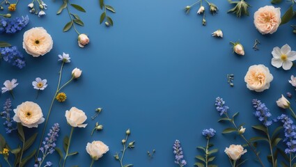Aufkleber - Floral arrangement on classic blue backdrop with empty space for text, symbolizing nature's beauty and tranquility. Ideal for design projects.