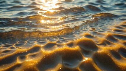 Poster - golden sand illuminated by sunlight beneath shimmering water ripples creating a serene beach texture