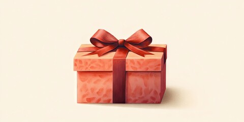 Poster - Gift box with a red ribbon on top positioned centrally against a soft cream backdrop showcasing a textured surface and elegant design.