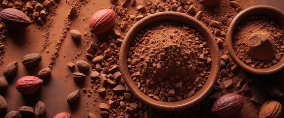 Aufkleber - Cocoa powder with chocolate beans arranged artistically on a rich brown background creating a warm culinary atmosphere