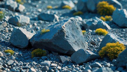 Poster - Textured grey rocks and gravel surrounded by vibrant yellow wildflowers in a serene natural landscape setting