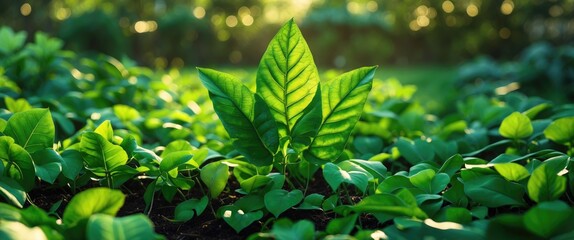 Poster - Vibrant green leaves basking in sunlight amidst a lush garden setting showcasing nature's freshness and beauty.
