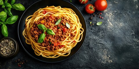 Poster - Spaghetti with Bolognese sauce topped with fresh basil served on a black plate with cherry tomatoes and basil leaves on a dark textured background