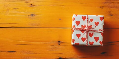 Aufkleber - Holiday gift box wrapped in white paper with red hearts on an orange wooden table creating blank space for creative design or messaging