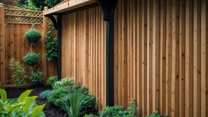 Aufkleber - Close-up of beautifully arranged corrugated wooden panels in a gazebo garden wall surrounded by lush greenery and plants.