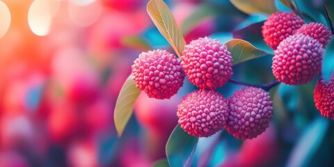 Poster - Vibrant pink lychee fruit clusters against a colorful blurred background with soft bokeh highlighting their unique texture and freshness.