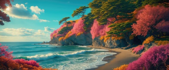 Poster - Vibrant coastal landscape with colorful trees, waves gently lapping at the shore, and a picturesque sky, perfect for nature and travel themes.