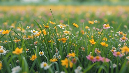 Poster - Vibrant meadow filled with colorful wildflowers and lush green grass under soft natural light. Perfect for nature-themed designs and projects.