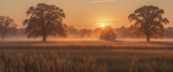 Poster - Autumn Sunrise Over Misty Field with Hays and Trees Creating Serene Landscape with Copy Space for Text or Branding