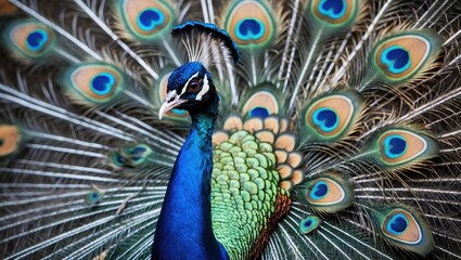 Poster - Male peacock showcasing vibrant tail feathers with intricate eye patterns in a striking close-up display of natural beauty