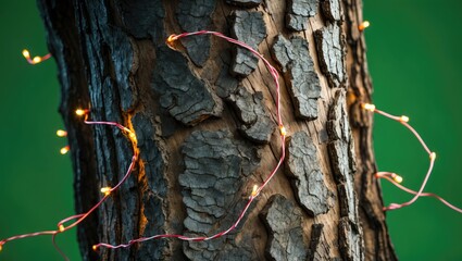 Fototapete - Close up of textured tree bark illuminated by warm LED string lights against a blurred green background creating a cozy outdoor ambiance.