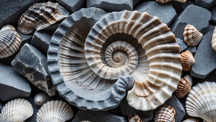 Poster - Spiral seashells arranged on textured gray stones showcasing natural beauty and marine elements in an artistic composition.