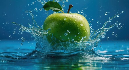 Poster - Fresh green apple splashing into water on vibrant blue background showcasing dynamic motion and droplets creating a refreshing visual effect