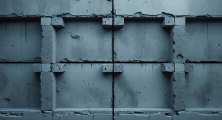 Poster - Weathered grey concrete wall featuring block joints and exposed reinforcement bars for industrial and architectural backgrounds.
