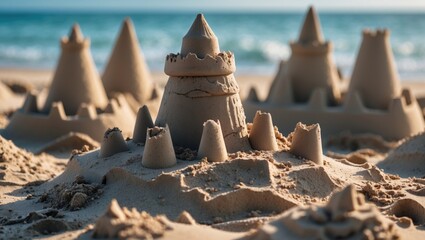 Aufkleber - Intricate Sandcastles Built on Beach Sand with Gentle Waves in Background Under Bright Sunlight
