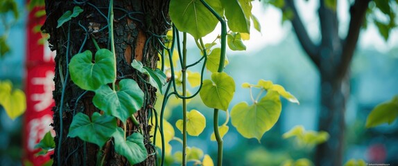 Poster - Close-up of vibrant green vines climbing a textured tree trunk with a softly blurred background in Keelung City Taiwan.