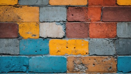 Aufkleber - Colorful concrete brick wall texture with weathered and chipped paint patterns for artistic and design backgrounds.