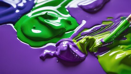 Aufkleber - Vibrant Closeup of Oil Paints in Green and Purple Mixing on Palette with Brush Creating Colorful Abstract Artwork